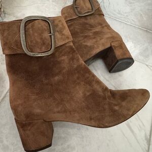 Yves Saint Laurent Suede Ankle Boots Brown Size 37 Side Zip & Engraved Buckle
